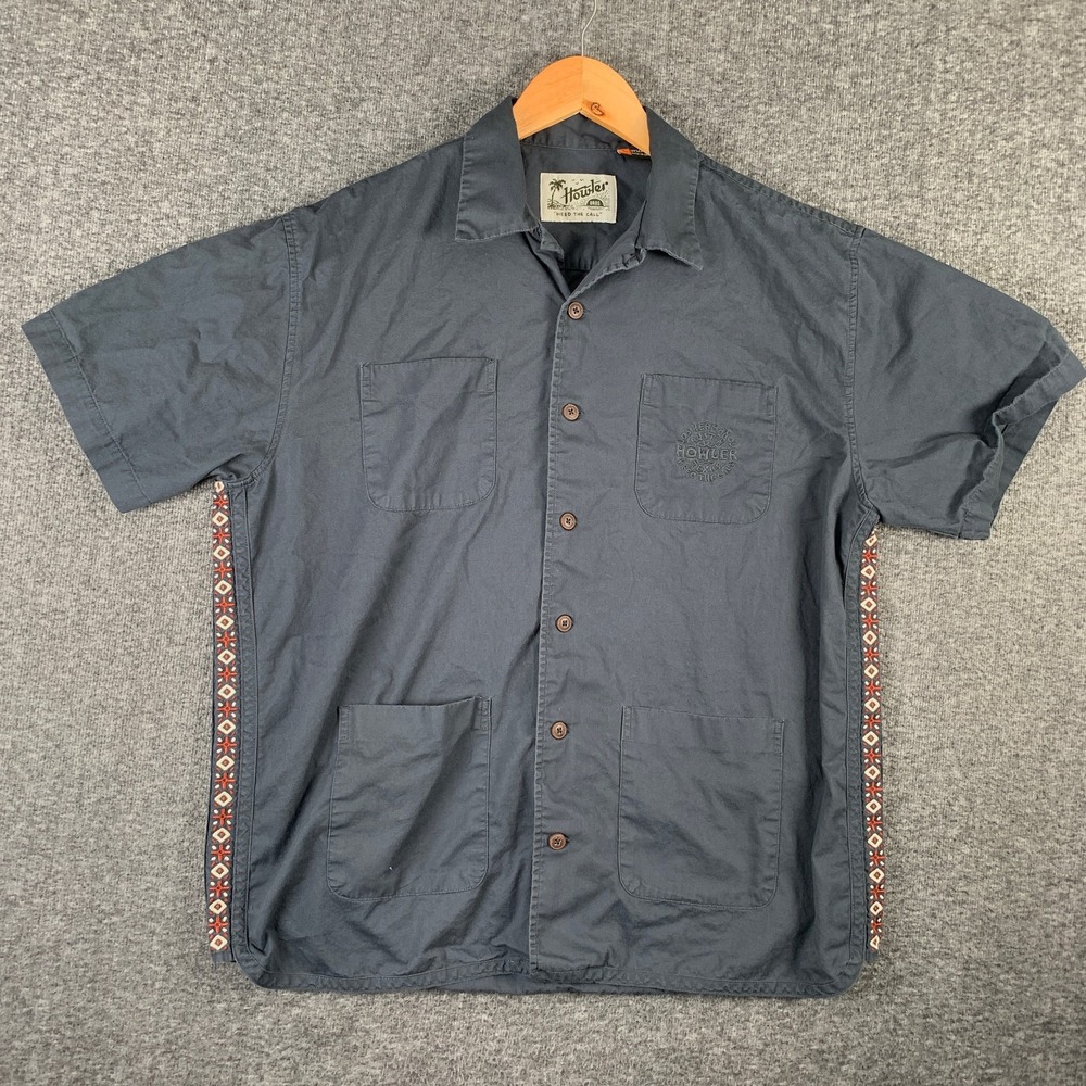 Howler Bros Camp Shirt Men Large Saladita Scout Gray Guayabera Cuban